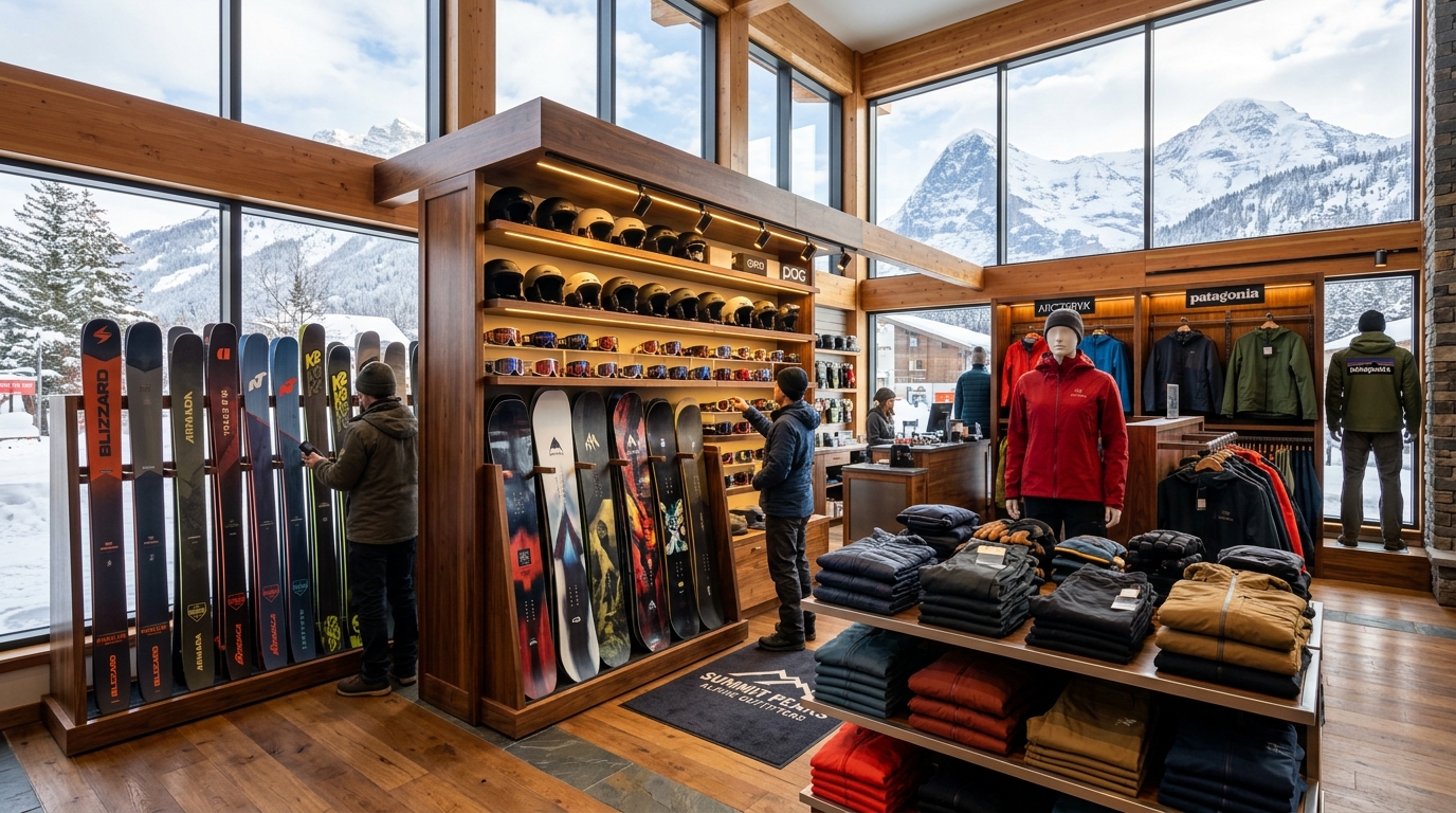 Everything in the Mountains retail gear showroom with skis, boards, and helmets