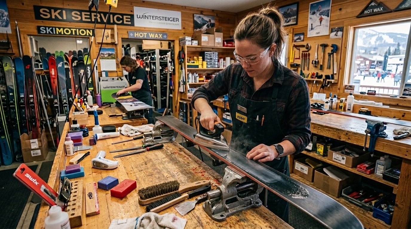 Master ski technician hot waxing skis in the Everything in the Mountains workshop